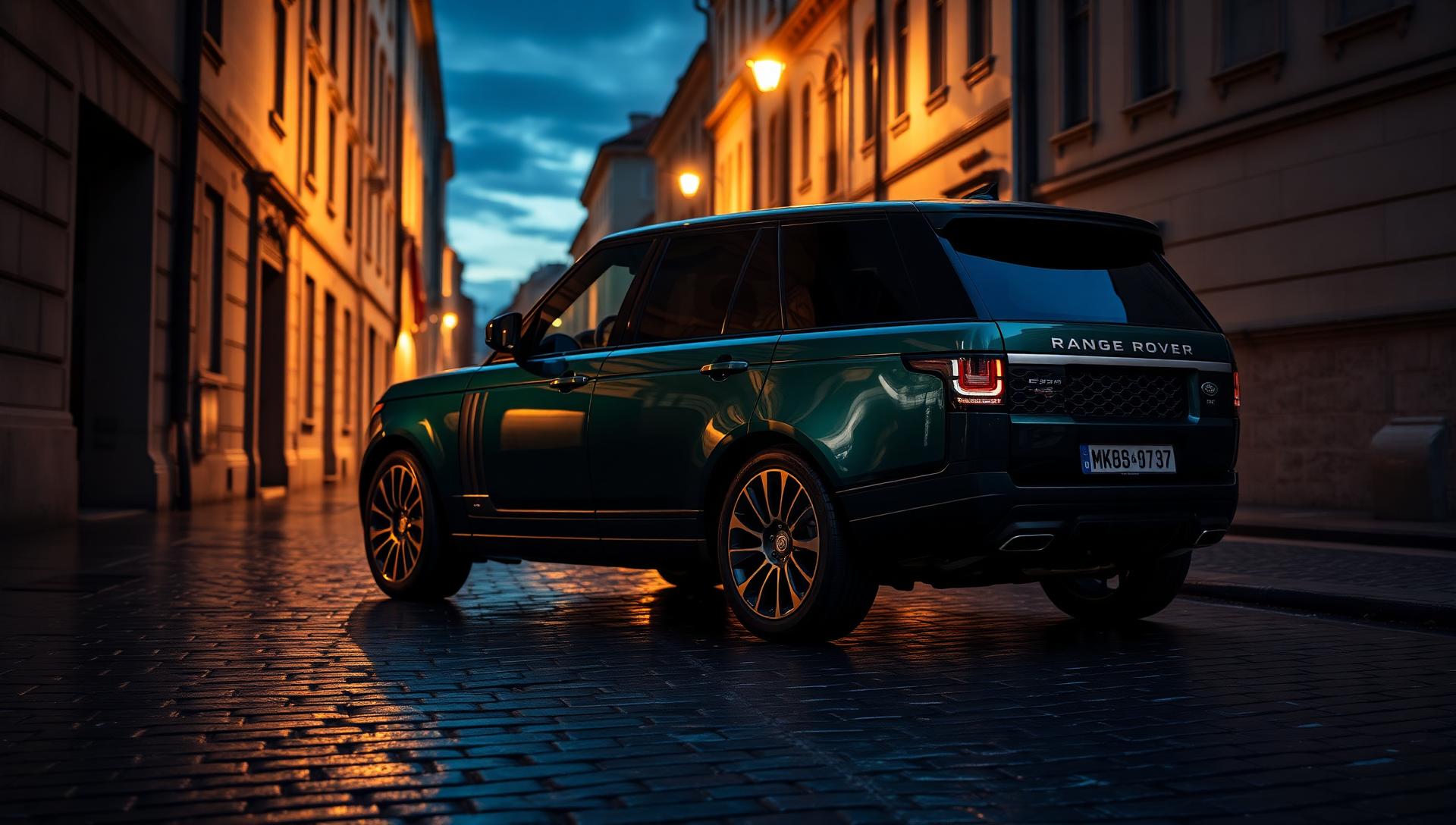 A dark green Range Rover L405 parked on cobblestones at dusk